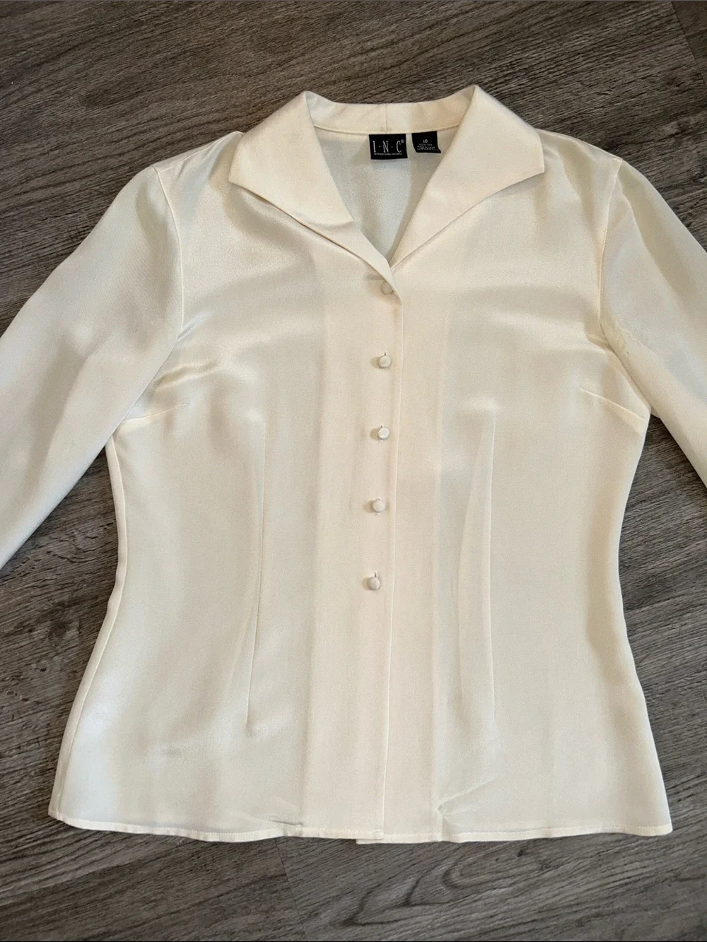 INC 100% Silk Ivory Covered Button Satin Blouse Women’s Size 10 Career
